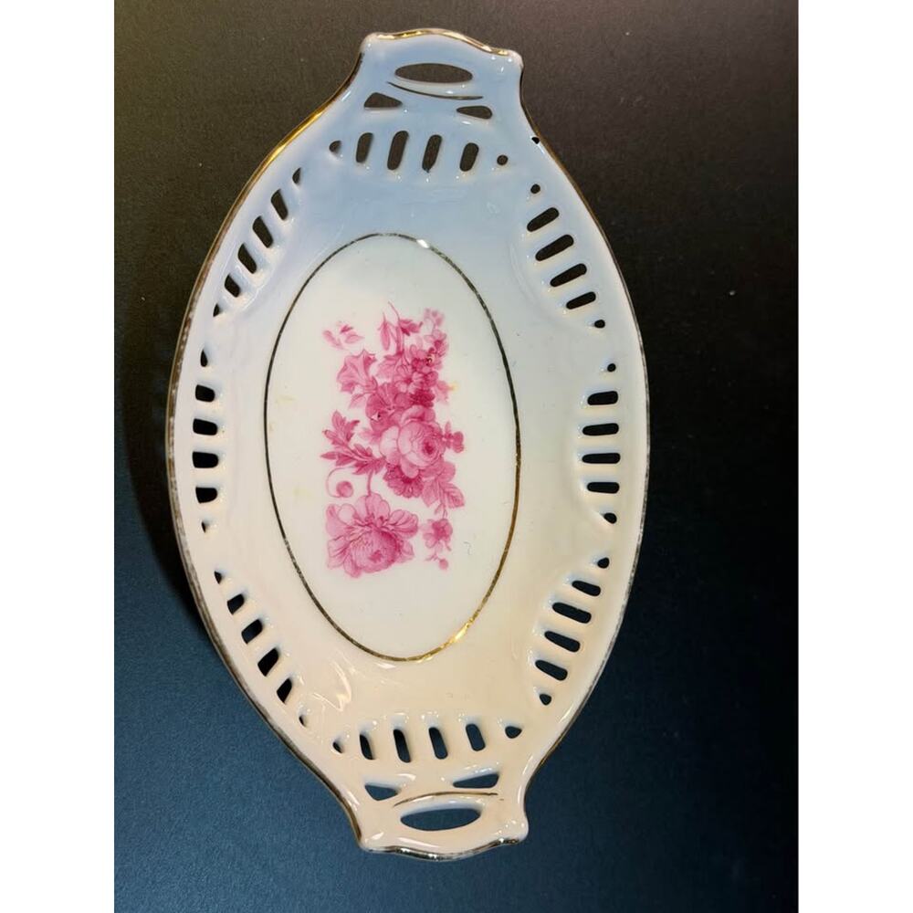 Antique Hand-Painted Floral Dish: German Porcelain with Gold Trim